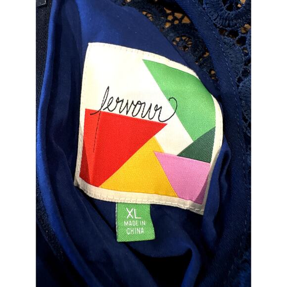 FERVOUR Modcloth Pleated Midi Dress Sheer Lace Trim Sleeveless Navy Blue Size XL - Picture 3 of 8